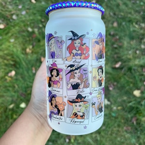 Princess Halloween Cup,  Glass Cup With Bling Lid and Straw, Glass Cup with Bamboo Lid and Straw