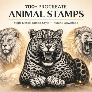 Puede incluir: Ilustración digital de un leopardo rugiente con pelaje manchado en blanco y negro, flanqueado por dos ilustraciones detalladas de leones. El texto dice "700+ PROCREATE ANIMAL STAMPS" y "High-Detail Tattoo Style • Instant Download". Un logotipo circular indica "FOR PROCREATE ONLY".