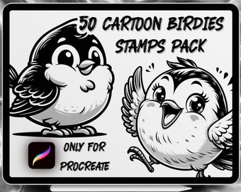 Cartoon Birdies Tattoo Designs 50 Stamps Pack | INSTANT DOWNLOAD | Cartoon Birdies Stamps | Procreate Brush | Cartoon Birdies brush