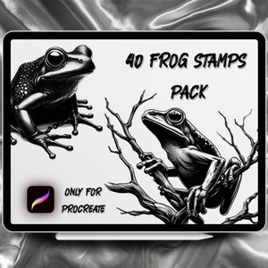 May include: A digital illustration on a tablet featuring two detailed black and white frog drawings. The text reads "40 FROG STAMPS PACK" and "ONLY FOR PROCREATE". The Procreate app logo is also visible.