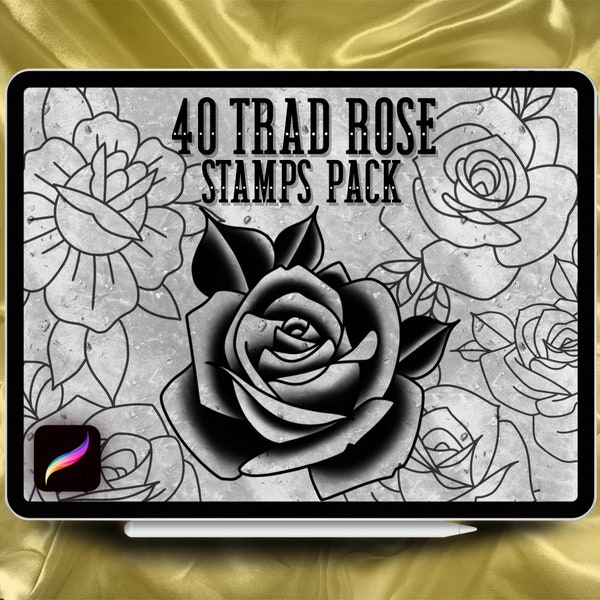 Rose Traditional Tattoo Designs 40 Stamps Pack | INSTANT DOWNLOAD | Rose Trad Brushes | Procreate Brush | Commercial Use Allowed
