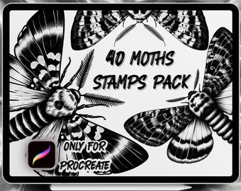May include: A digital illustration of 40 moth stamps for Procreate. The image shows a close-up of three moths with intricate black and white details. The text "40 MOTHS STAMPS PACK" is displayed in bold white letters on a white background. The text "ONLY FOR PROCREATE" is displayed in white letters on a blue icon.