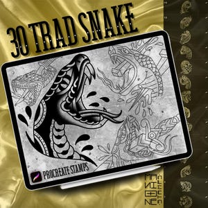 Op de afbeelding: Een digitale illustratie van 30 traditionele slangtattoo-ontwerpen. De ontwerpen zijn in zwart-wit en tonen verschillende slanghoudingen en details. De afbeelding is gelabeld met "30 Trad Snake" en "Procreate Stamps".