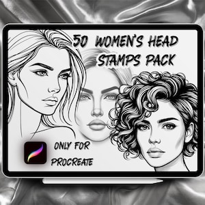 Puede incluir: Una ilustración digital de un conjunto de 50 sellos de cabeza de mujer para Procreate. La imagen muestra tres ilustraciones de cabeza diferentes en blanco y negro. El texto "50 Women's Head Stamps Pack" y "Only for Procreate" se muestra en la imagen.