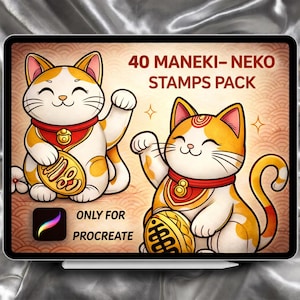 Lucky Cat Ink – 40 Maneki-Neko-Tattoo-Designs für Procreate | Japanisches Glückskatzen-Flash-Pack | Digitaler Download zur kommerziellen Nutzung