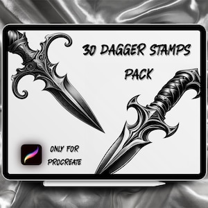 May include: A digital illustration of two stylized daggers on a white background. The text "30 DAGGER STAMPS PACK" is displayed above the daggers. The text "ONLY FOR PROCREATE" is displayed below the daggers.