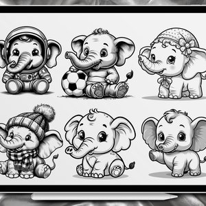 May include: Six black and white illustrations of cute cartoon elephants. One elephant is wearing a space suit, one is wearing a winter hat and scarf, one is wearing a flower headband, one is holding a soccer ball, and two are wearing no accessories.