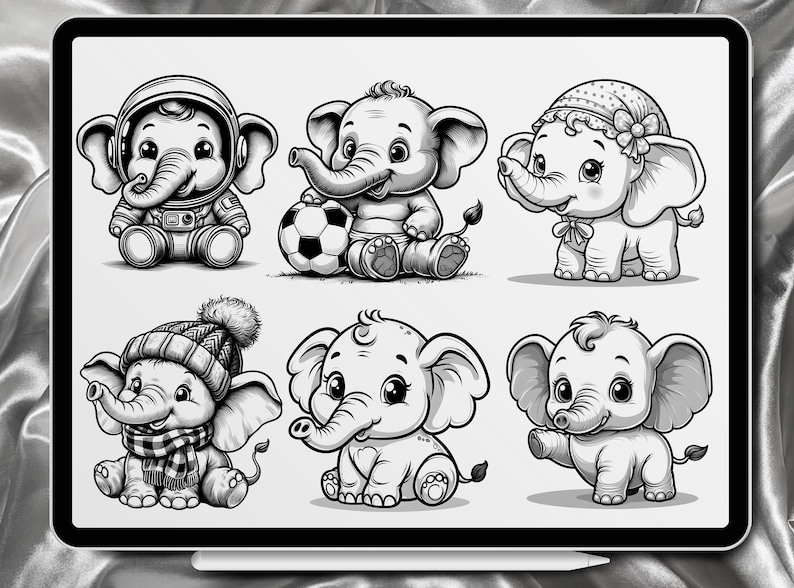 May include: Six black and white illustrations of cute cartoon elephants. One elephant is wearing a space suit, one is wearing a winter hat and scarf, one is wearing a flower headband, one is holding a soccer ball, and two are wearing no accessories.