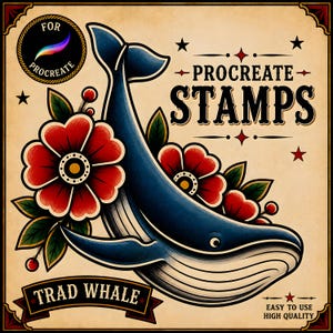 Pode incluir: Um gráfico digital com uma ilustração de uma baleia azul rodeada por flores vermelhas e folhas verdes. O texto diz PROCREATE STAMPS, TRAD WHALE, FOR PROCREATE e EASY TO USE HIGH QUALITY. O design tem um fundo de cor pergaminho vintage.