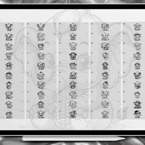 May include: A black and white digital illustration of 48 different cartoon elephants. Each elephant is wearing a different hat or accessory. The elephants are arranged in four columns of 12. The background is a light gray.