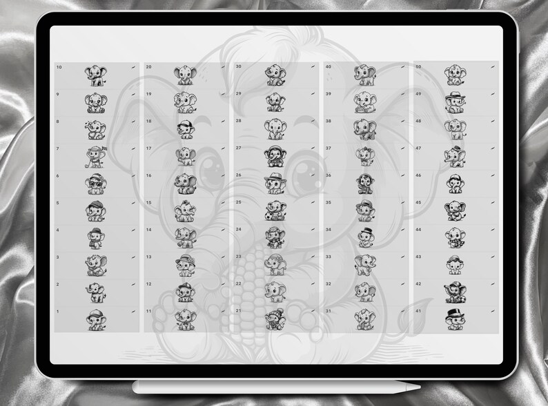 May include: A black and white digital illustration of 48 different cartoon elephants. Each elephant is wearing a different hat or accessory. The elephants are arranged in four columns of 12. The background is a light gray.