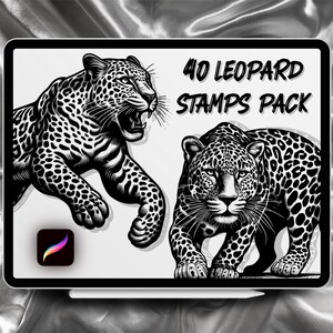 May include: A digital illustration of two black and white leopard stamps. The text "40 LEOPARD STAMPS PACK" is displayed above the leopards.