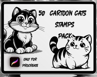 Cartoon Cats Tattoo Designs 50 Stamps Pack | INSTANT DOWNLOAD | Cartoon Cat Brushes | Procreate Brush | Commercial Use Allowed