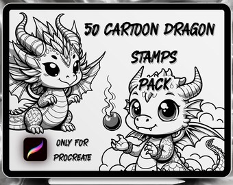 Cartoon Dragon Tattoo Designs 50 Stamps Pack | INSTANT DOWNLOAD | Cartoon Dragon Brushes | Procreate Brush | Commercial Use Allowed