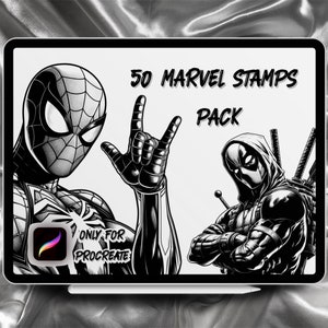 Op de afbeelding: Zwart-witte digitale illustratie van Spider-Man en Deadpool. De afbeelding is op een witte achtergrond met de tekst "50 MARVEL STAMPS PACK" en "ONLY FOR PROCREATE".