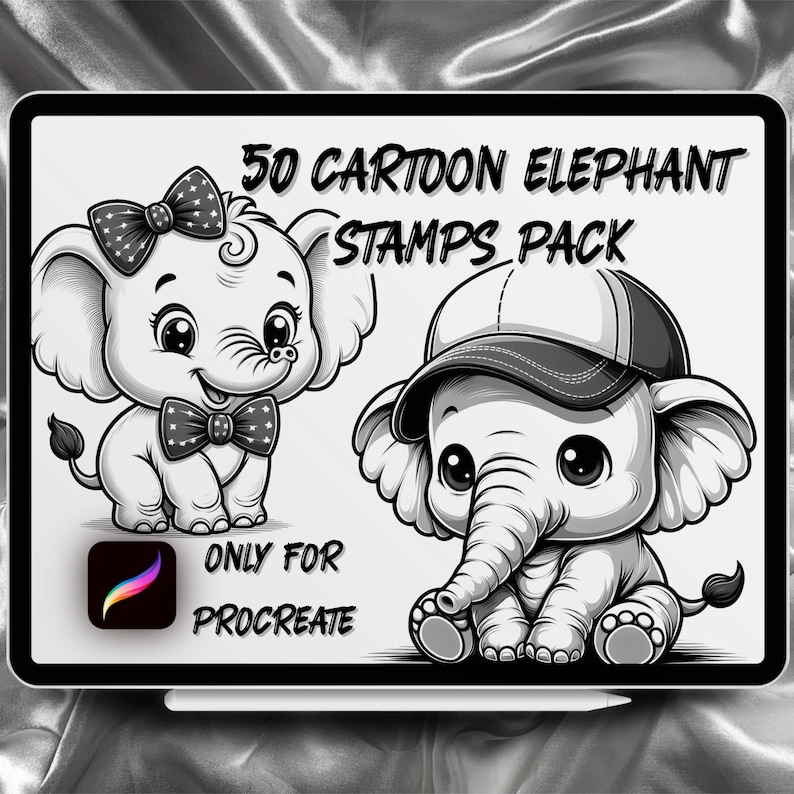 May include: A digital illustration of two cartoon elephants. The first elephant is wearing a bow and the second elephant is wearing a baseball cap. The text on the image reads '50 CARTOON ELEPHANT STAMPS PACK' and 'ONLY FOR PROCREATE'.