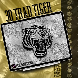 May include: A digital illustration on a tablet featuring a black and white tiger head with an open mouth, surrounded by other tiger designs. The text "30 TRAD TIGER" is at the top, with "PROCREATE STAMPS" at the bottom.