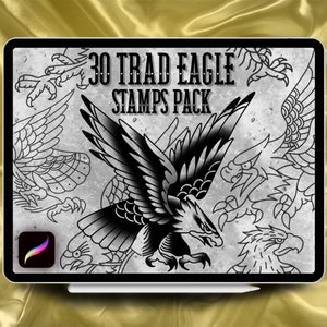 May include: A digital illustration of 30 traditional eagle tattoo designs. The image shows a variety of eagle poses, including a large eagle with its wings spread wide, a smaller eagle with its head turned to the side, and an eagle with its talons extended. The image is in black and white and has a textured background.