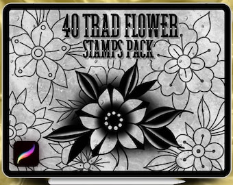 Flower Traditional Tattoo Designs 40 Stamps Pack | INSTANT DOWNLOAD | Flower Trad Brushes | Procreate Brush | Commercial Use Allowed