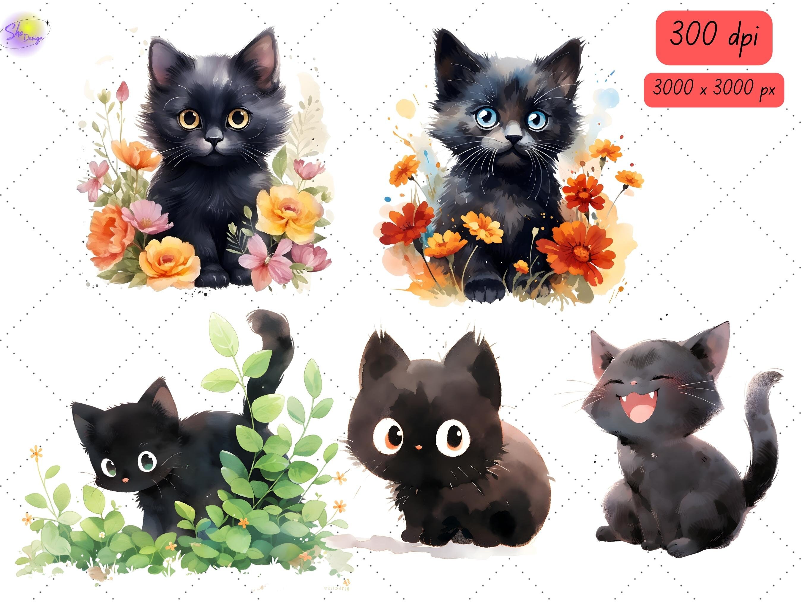 Watercolor Black Cats Clipart, Cute Floral Cats, Cat Png, Kitten Png ...