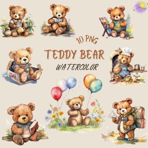 Watercolor teddy bear clipart, baby bear png, brown bear png, watercolor clipart, kid cartoon, commercial use, digital download,