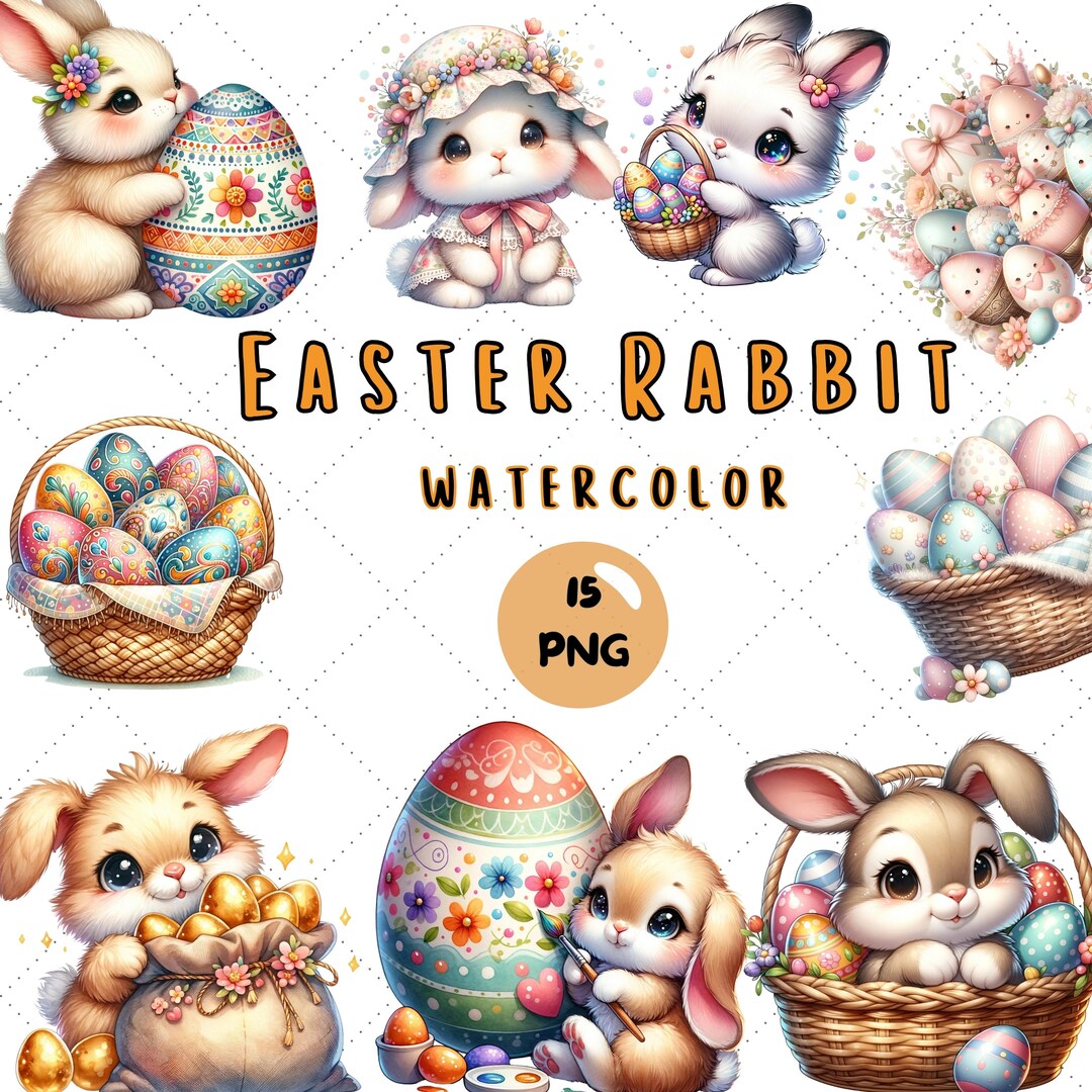 Easter Bunnies Watercolor Clipart Bundle, Spring PNG, Easter Rabbit PNG ...