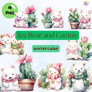 IJsbeer en Cactus clipart, ijsbeer PNG, Kerstcactus PNG, beer aquarel clipart, commercieel gebruik, digitale download, winter PNG