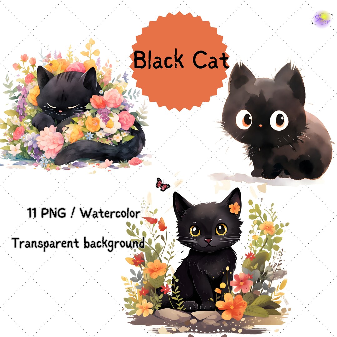 Watercolor Black Cats Clipart, Cute Floral Cats, Cat Png, Kitten Png ...