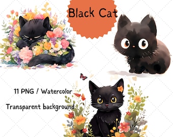 Clipart de gatos pretos em aquarela, gatos florais fofos, gato png, gatinho png, download instantâneo para uso comercial, gato preto fofo PNG