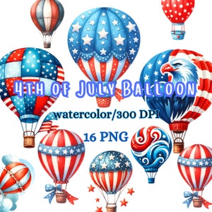 Watercolor 4th Of July Balloon Clipart,Patriotic balloon png, 4th Of July PNG, balloon PNG, red white and blue balloons, Commercial Use