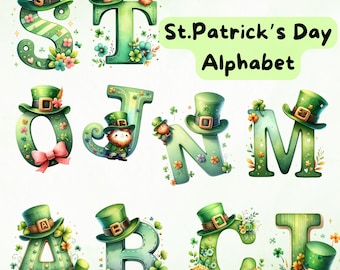 St Patrick Alphabet Clipart PNG Sublimation, Kobold Buchstaben Clipart, Doodle Alphabet, Kindergarten Buchstabe, Aquarell Clipart, kommerzielle Nutzung