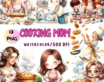 Paquete de imágenes prediseñadas de mamá cocinando en acuarela: 13 imágenes PNG (descarga digital)