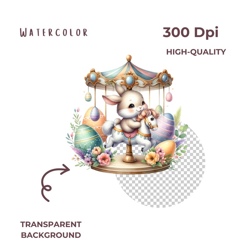 Easter Carousel Bunny Watercolor Clipart, Easter Rabbit PNG, Easter PNG ...