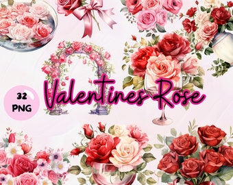 Watercolor Valentines Rose Bouquet Clipart: Red & Pink Roses (PNG Digital Download)