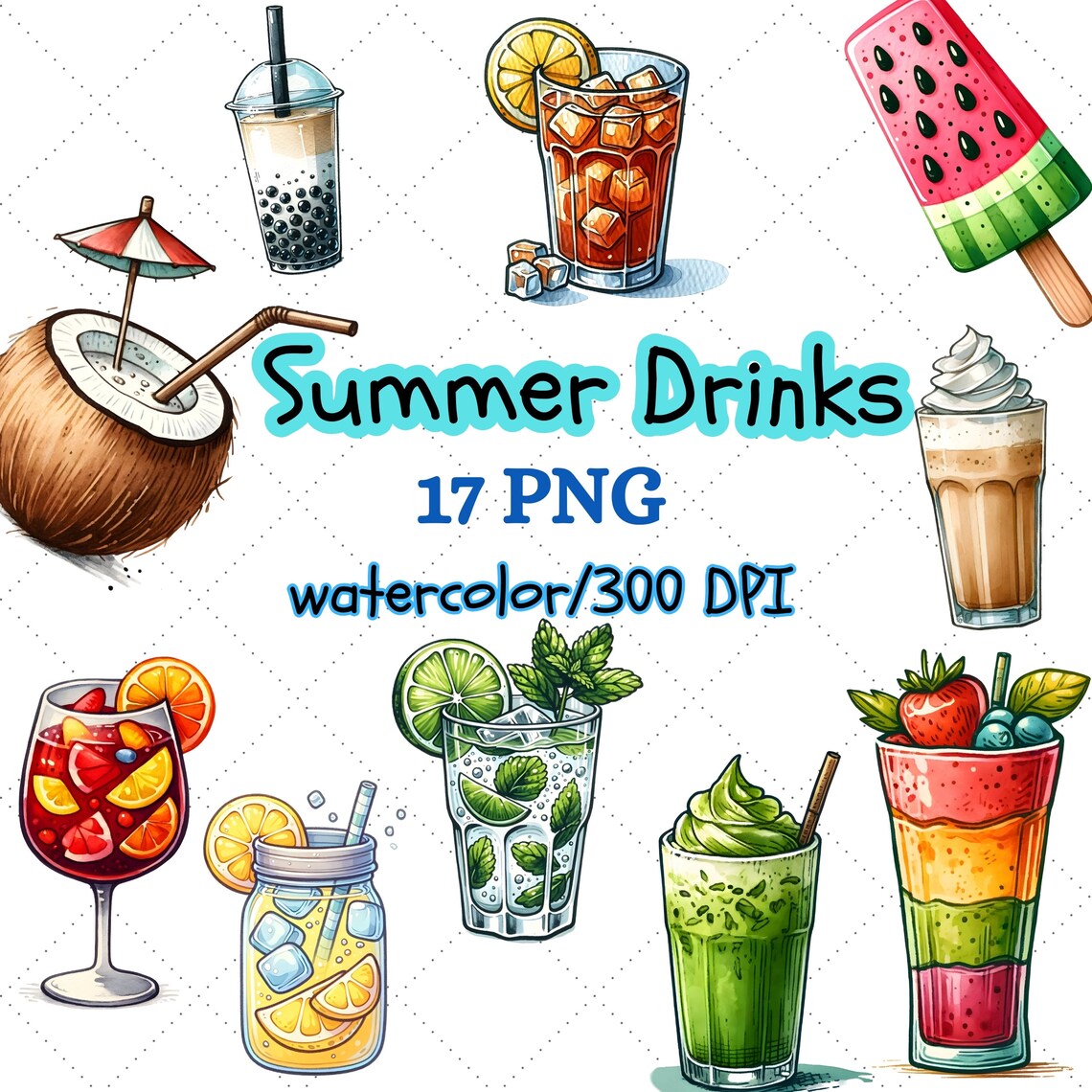 Watercolor Summer Drink Clipart Bundle, Summer Clipart, Mocktail Png ...