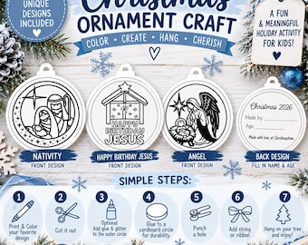 May include: A Christmas ornament craft kit featuring 10 unique designs including a nativity scene, a Happy Birthday Jesus graphic, and an angel. The set includes a back design template for names and ages, plus seven simple steps for printing, coloring, cutting, and assembling the ornaments with glue, glitter, and ribbon.