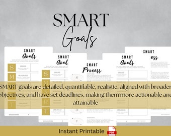 Pode incluir: Folha de trabalho imprimível com um design dourado e preto. A folha de trabalho é intitulada "SMART Goals" e inclui um processo para definir objetivos usando o método SMART. O método SMART significa Específico, Mensurável, Alcançável, Relevante e Limitado no Tempo.
