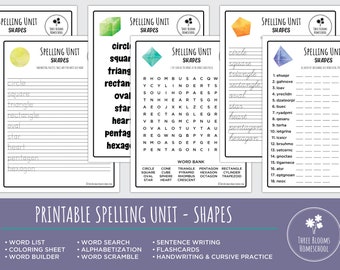 May include: Printable spelling unit for shapes. Includes a word list, word search, alphabetization, word scramble, sentence writing, flashcards, and handwriting and cursive practice. The unit features a variety of activities to help children learn to spell and write the names of different shapes.