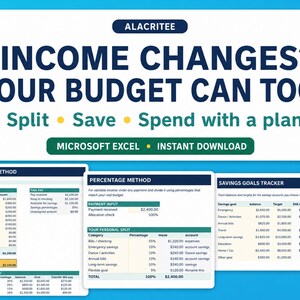Op de afbeelding: Een digitale budgetplanner-sjabloon voor Microsoft Excel met de tekst ALACRITEE, INCOME CHANGES? YOUR BUDGET CAN TOO. Split, Save, Spend with a plan. Bevat de bladen 50/50 Bill Method, Percentage Method en Savings Goals Tracker.