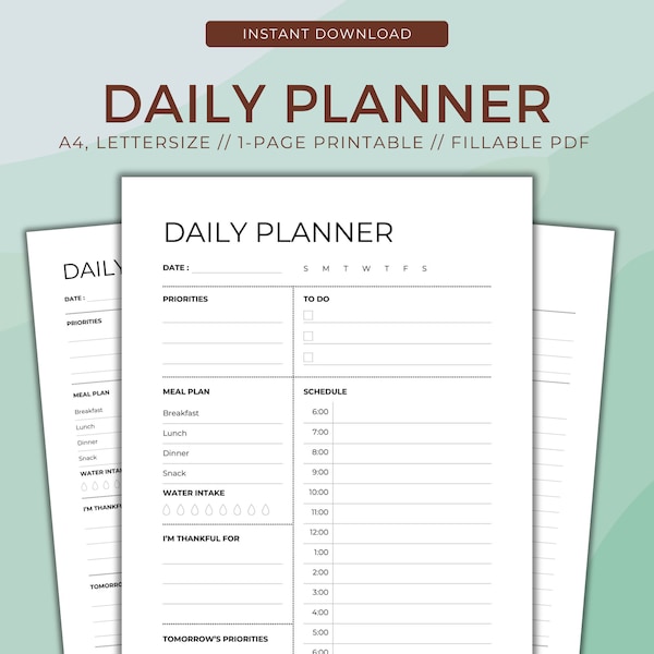 Minimalist Daily Planner, Daily Schedule, Planner Inserts, A4 US Letter Size, Printable PDF, Fillable PD, Productivity, Goodnotes Notability