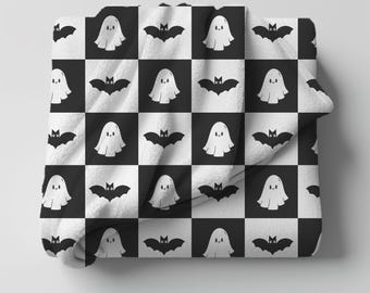 Cute halloween blanket, plush black and white checkered halloween blanket, cute ghost throw, cute bat blanket