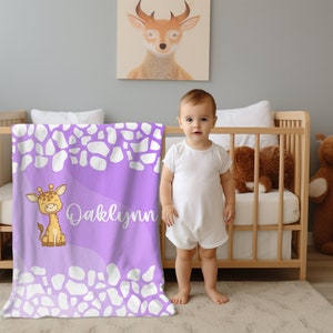 Personalized Name Giraffe Blanket, Purple Custom Name Blanket, Giraffe Print Baby Blanket, Baby Giraffe Blanket, Safari Nursery Theme