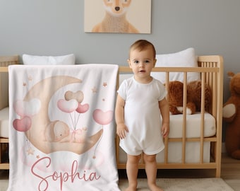 Personalized Baby Girl Bunny Blanket with name, Moon nursery theme, Custom Baby Blanket, Hospital Newborn Blanket,kids blanket, baby gift