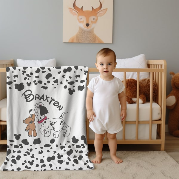 Personalized Name Dalmatian Puppy Blanket, Custom Name Blanket, Dalmatian Spot Baby Blanket, Dalmatian Dog Mom Gift, Dalmatian Nursery Theme