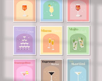 May include: Nine colourful posters with illustrations of different cocktails. Each poster has a white border and features a curved archway with a cocktail glass inside. The posters are labelled with the names of the cocktails, such as "Aperol Spritz", "Pina Colada", "Red Sangria", "Champagne Tower", "Mimosa Hours", "Mojito Cocktails", "Cosmopolitan Cocktail", "Espresso Martini", and "Dirty Martini".