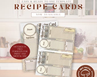 May include: Two printable recipe card templates with a floral background. The cards have sections for a picture, ingredients, directions, notes, and category. The text "Recipe Card" is printed on each card.
