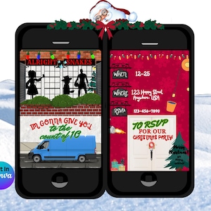 Op de afbeelding: Een digitale uitnodiging voor een kerstfeest met een rode achtergrond en een witte deur. De tekst op de uitnodiging luidt "TO RSVP FOR OUR CHRISTMAS PARTY". De uitnodiging bevat ook details over het feest, zoals de datum, tijd en locatie.