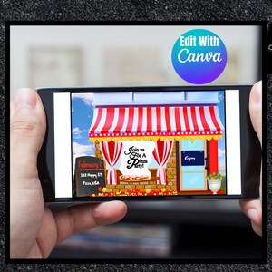 May include: A digital illustration of a pizza shop storefront with a red and white striped awning. The sign says "Join us for a Pizza Party!" and the shop is open at 6 pm on February 1st. The shop is located at 123 Happy St, Pizza, USA.