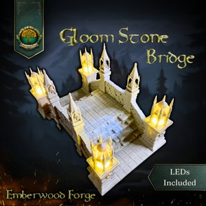 Puede incluir: Un puente blanco detallado impreso en 3D con un diseño de piedra y luces LED brillantes. El puente se llama "Gloom Stone Bridge" y está hecho por "Emberwood Forge".