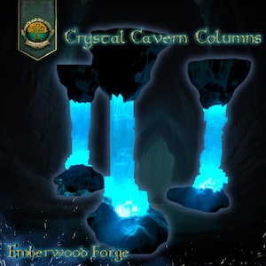 Puede incluir: Tres columnas de cueva de cristal azul brillante, cada una con una base de roca gris oscuro. Las columnas están iluminadas desde el interior, proyectando un brillo azul. La imagen se titula "Crystal Cavern Columns" y "Emberwood Forge".